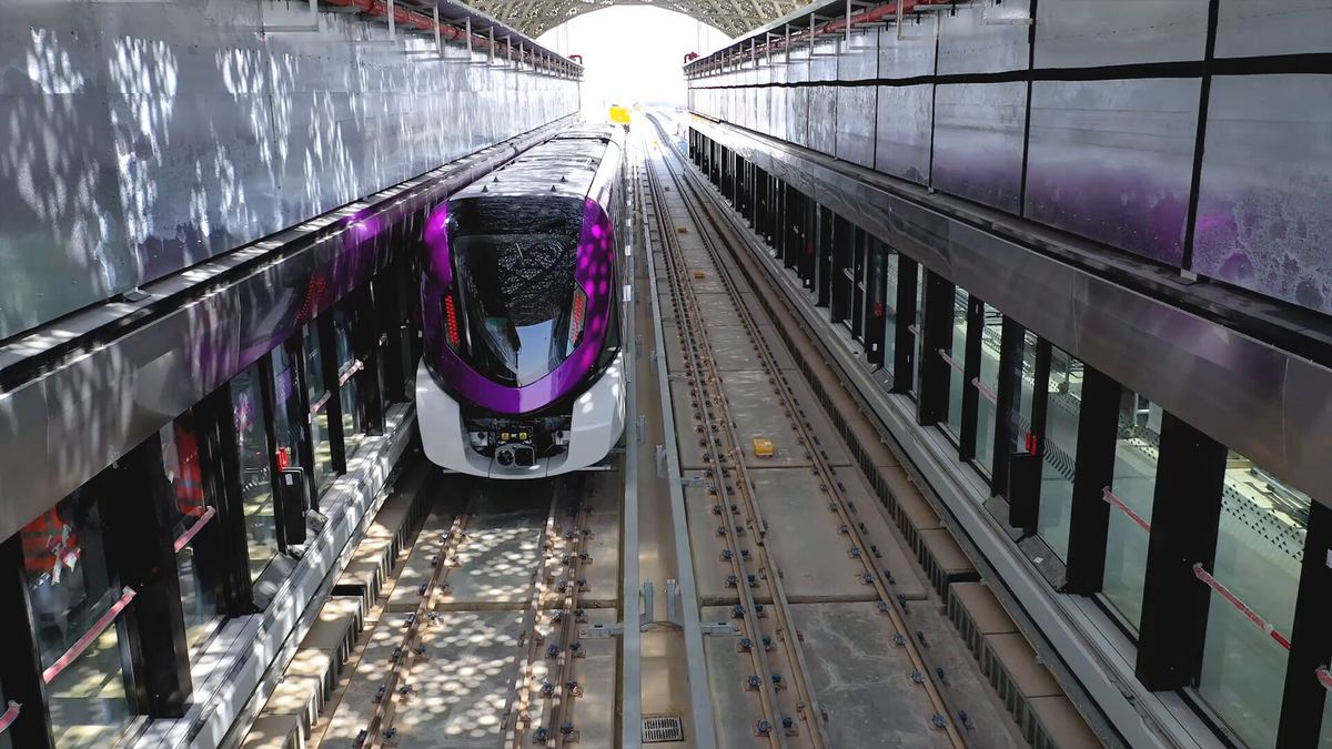 Purple Line 6 train arriving at a station platform