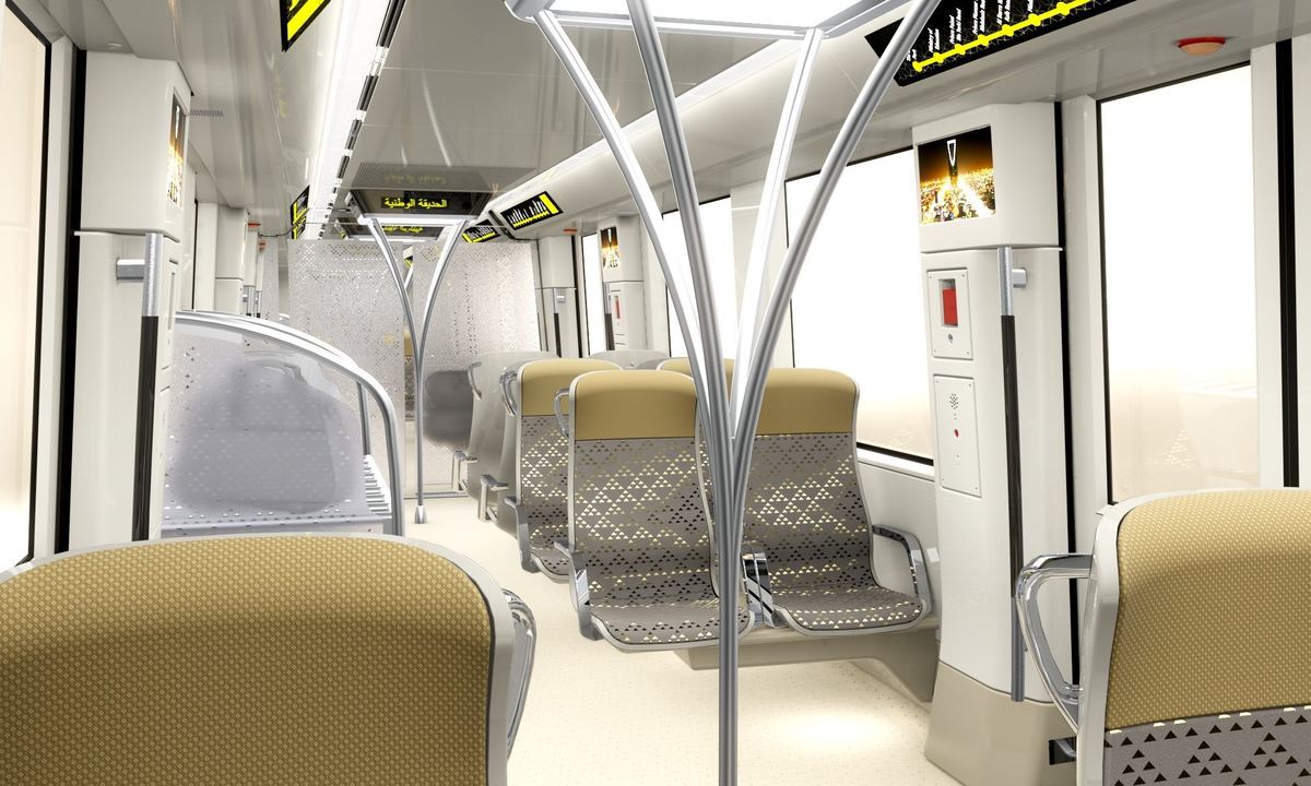 Carriage interior with gold-coloured seats